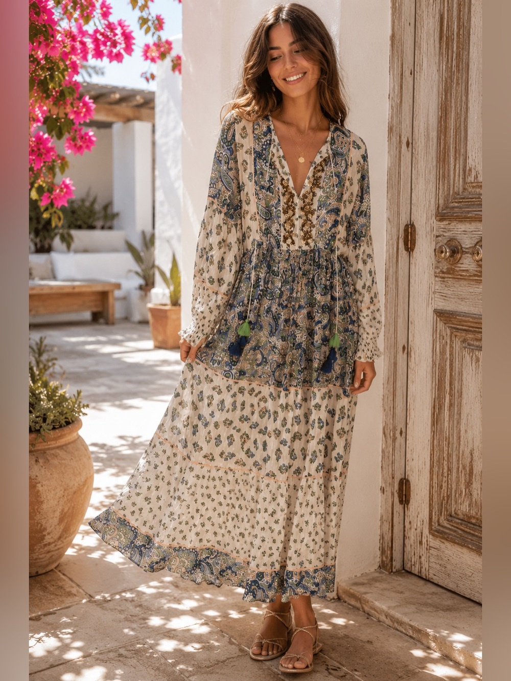 Miss June Paris NWT Boho Paisley Embellished Maxi Dress One Size Beaded Rayon